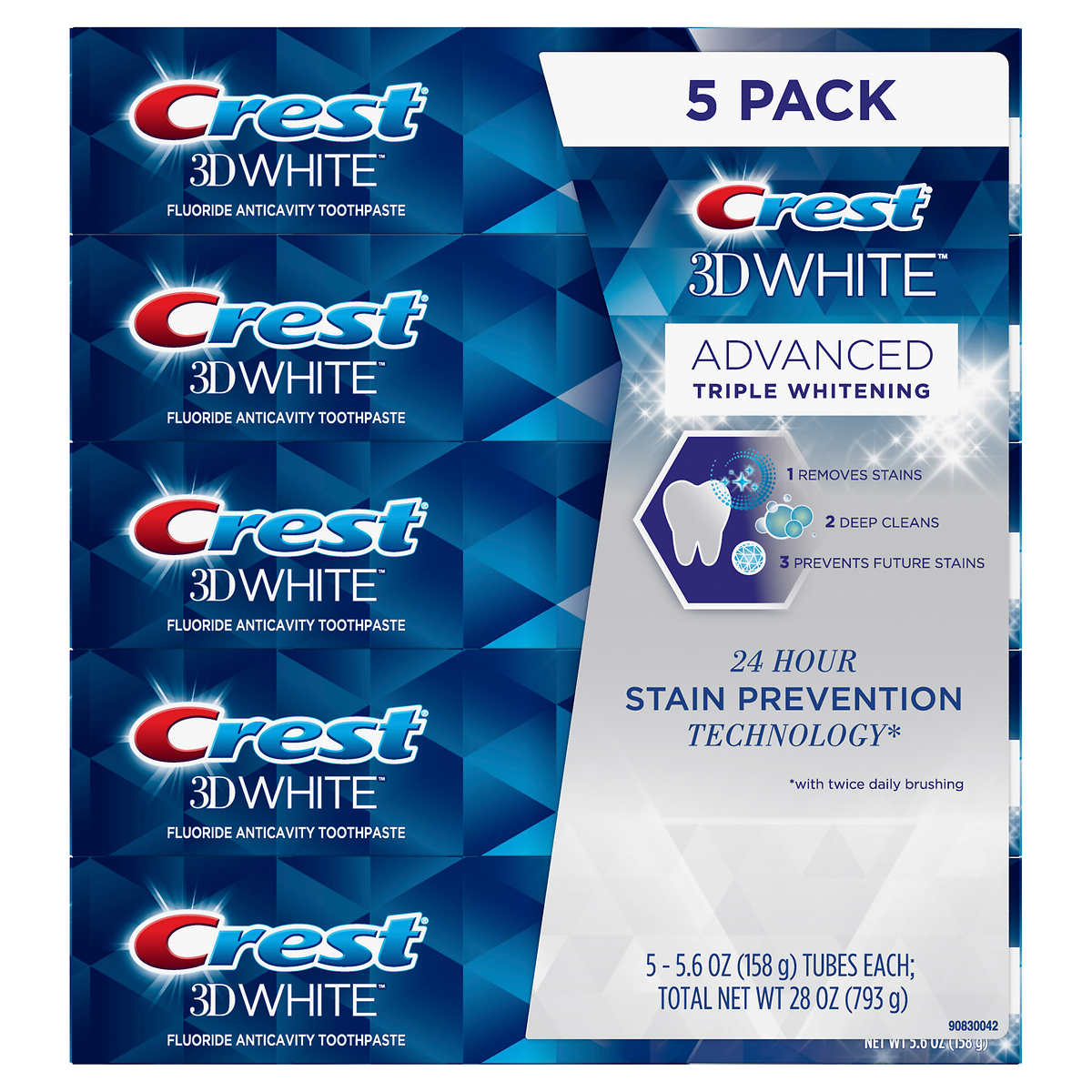 Crest 3D White avanceret triple Whitening tandpasta 5-pakke
Crest er et af amerikanernes egne mærkevarer. 

Crest 3D White Advanced Triple Whitening Toothpaste 5-pack
