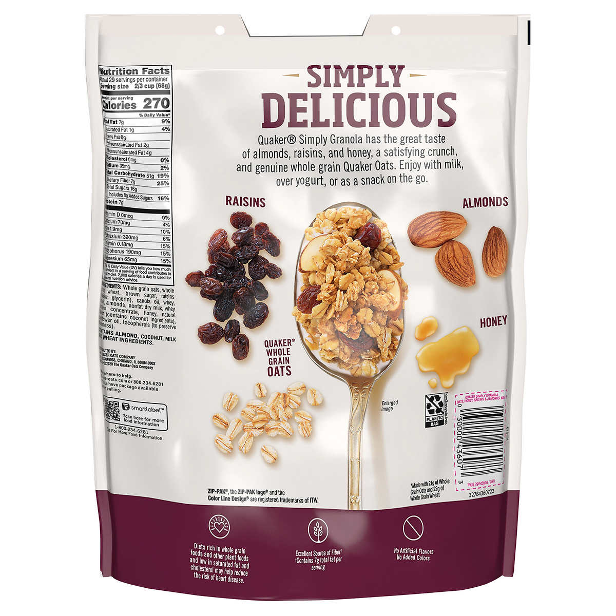 Quaker musli med honning, rosiner og mandler 
Quaker Simply Granola Cereal, 34.5 oz, 2-count