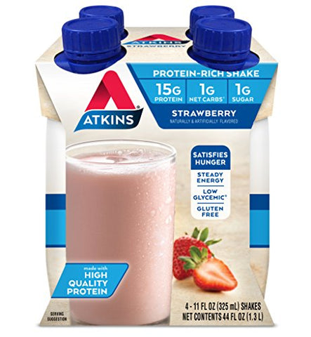 Atkins Ready to Drink Protein-Rich Shake, Strawberry, Gluten Free, 4 Count