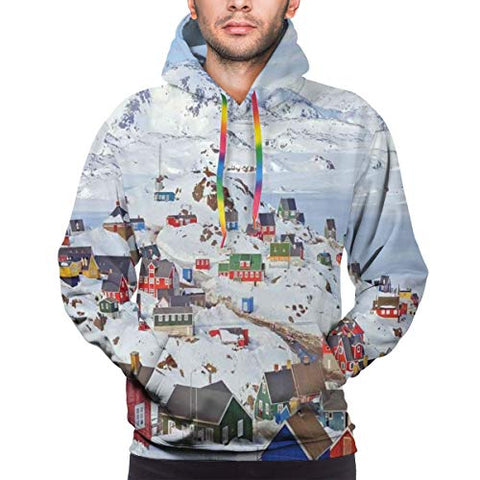 Men's Hoodies 3D Print Pullover Sweatershirt,Snowy Greenland North Scandinavian Peaceful Frozen Winter Nordic Idyllic Image,