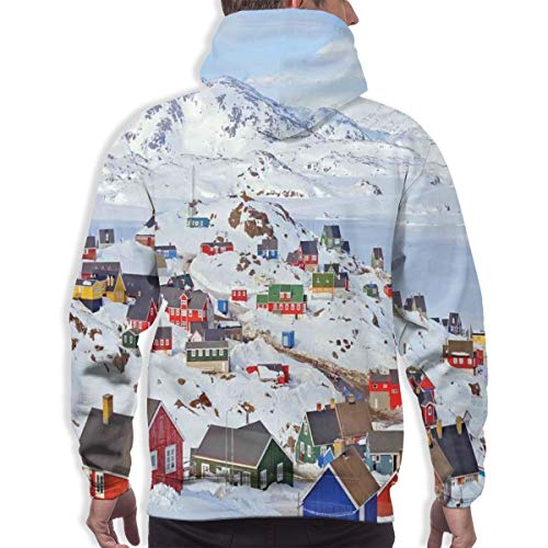 Men's Hoodies 3D Print Pullover Sweatershirt,Snowy Greenland North Scandinavian Peaceful Frozen Winter Nordic Idyllic Image,