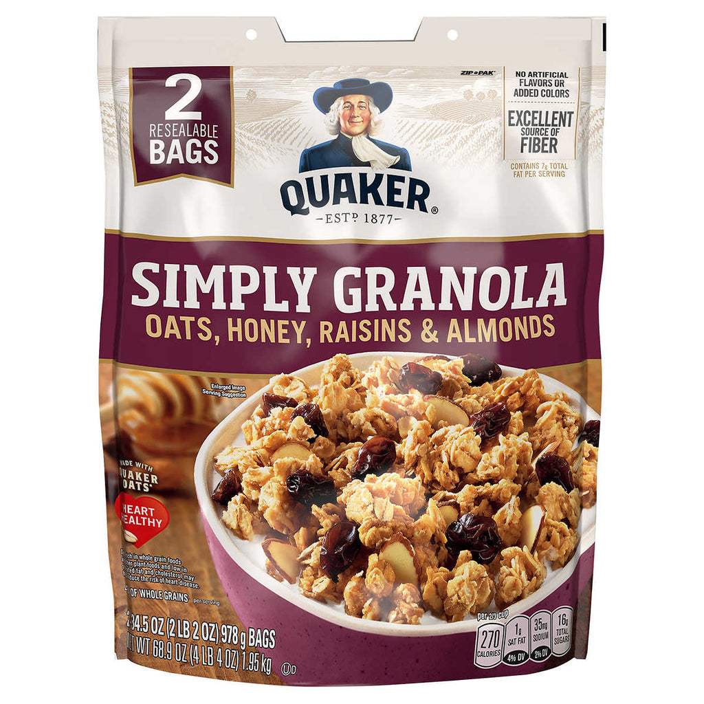 Quaker musli med honning, rosiner og mandler 
Quaker Simply Granola Cereal, 34.5 oz, 2-count