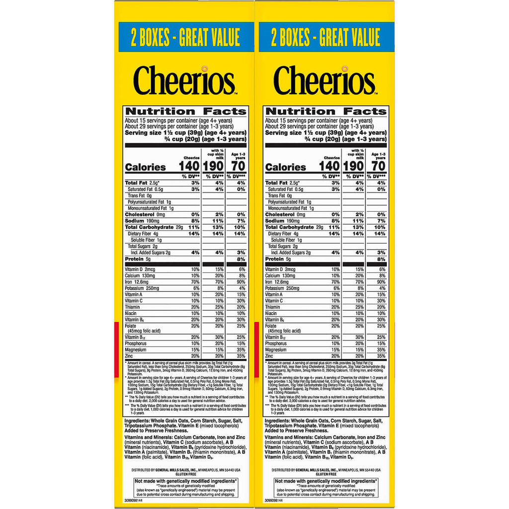 Cheerios morgenmad i to poser. 1.2 kg. 
Cheerios Cereal, 20.35 oz, 2-count
