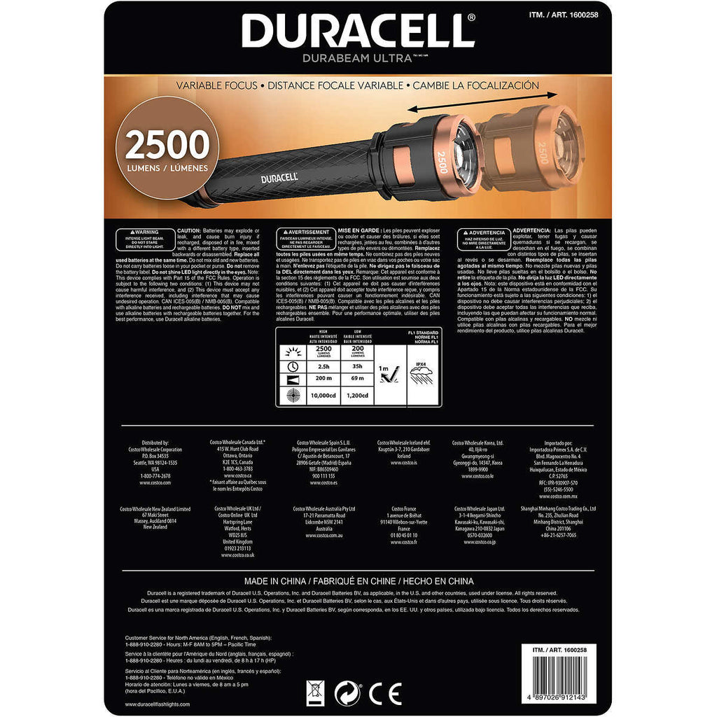 Duracell 2500 Lumen lommelygte, altså en stærk lygte. 
Duracell 2500L Flashlight
