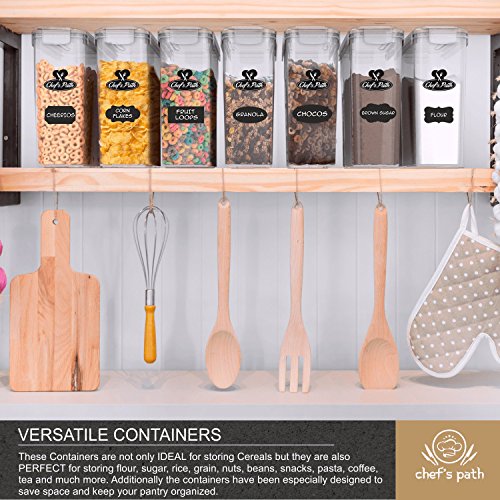 Chef's Path Cereal Storage Container Set - 100% Airtight Best Dry Food Keepers - 8 Labels, Spoon Set & Pen - Great for Flour, Sugar, Rice & More - BPA Free Dispenser (3 Pack)
